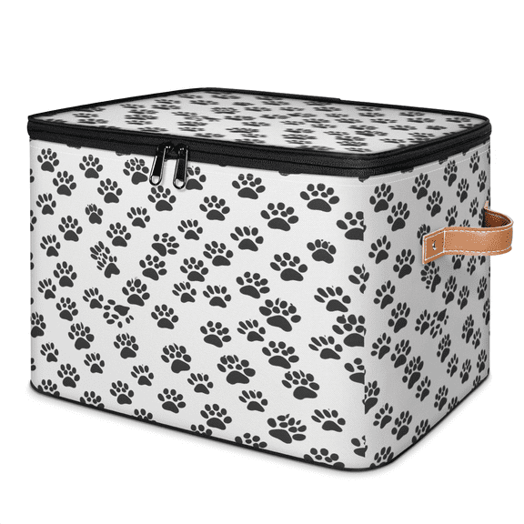 CURLYOOT Black White Paw Print Fabric Storage Bins with Lids, Cute Dog Cat Pet Paw Foldable Storage Boxes Washable Storage Cube, Closet Bedroom Home Organizer Containers with Handles