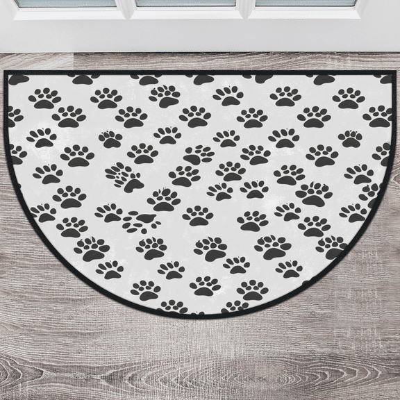 CURLYOOT Black White Paw Print Half Round Door Mat 24'' x 36'', Indoor Outdoor Entrance Rug, Semi Circular Area Rug, Non Slip Washable Absorbent Doormat, Cute Dog Cat Pet Paw Laundry Room Rug