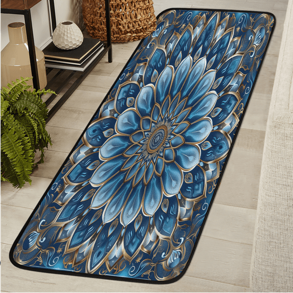 CURLYOOT Blue Floral Runner Rug 2'x6' Washable Kitchen Runner Rug Indoor Non Slip Laundry Rugs Boho Mandala Floor Carpet for Hallway Kitchen Entryway Bedroom Living Room