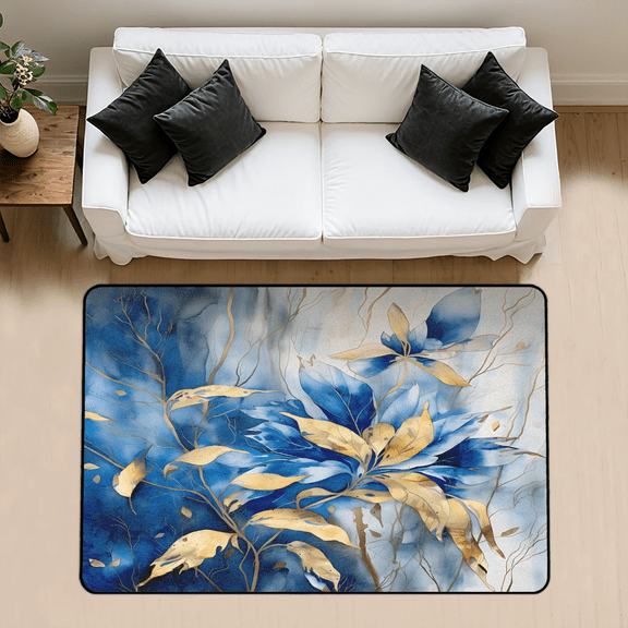 CURLYOOT Blue Gold Leave Area Rug 3x5 Ft Rugs for Entryway Entrance Kitchen, Washable Non Slip Indoor Floor Carpet for Bedroom Living Room