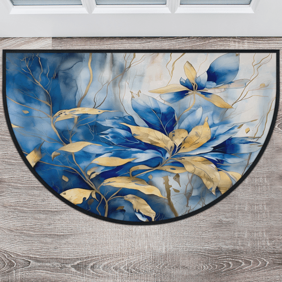 CURLYOOT Blue Gold Leave Half Round Door Mat 24'' x 36'', Indoor Outdoor Entrance Rug, Semi Circular Area Rug, Non Slip Washable Absorbent Doormat, Laundry Room Rug