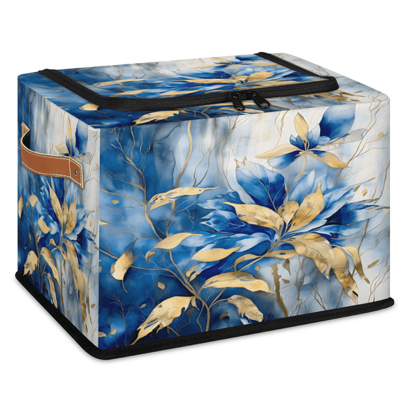 CURLYOOT Blue Gold Leave Storage Bin with Zipper Lid, Foldable Clothes Organizer Lidded Storage Baskets, Rectangular Box Closet Shelf Organizer for Living Room Bedroom Home