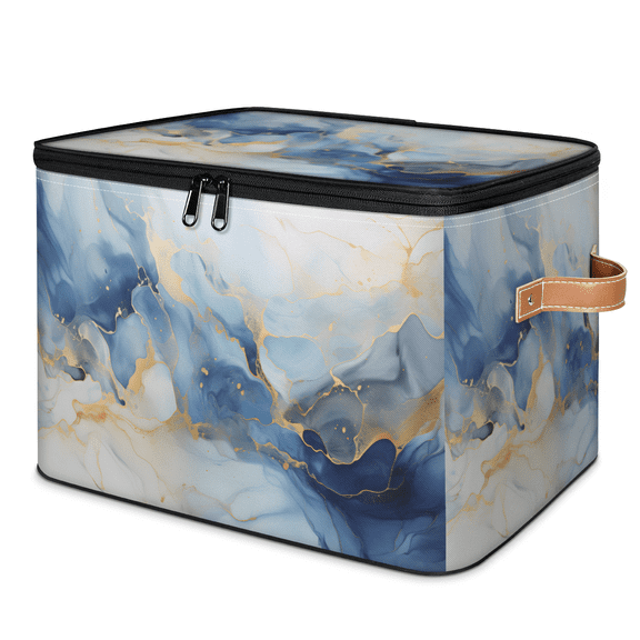 CURLYOOT Blue Marble Storage Bin with Zipper Lid, Fabric Decorative Lidded Storage Baskets Boxes, Foldable Organizer Container Basket for Bedroom Closet Shelf