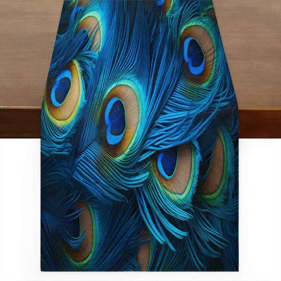 CURLYOOT Blue Peacock Feathers Linen Table Runner 60 Inches Long Kitchen Dining Table Farmhouse Decoration for Home Party Decor 13x60 Inch