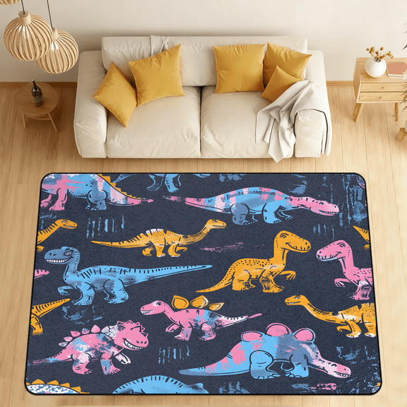 CURLYOOT Blue Pinks Yellow Dinosaur Area Rugs for Living Room Bedroom, 4' 10" x 6' 8" Washable Rug, Floor Carpet with Non Slip Backing for Dining Room Indoor