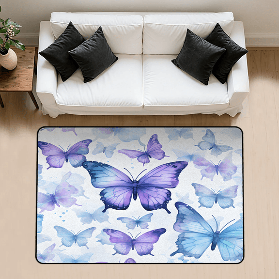 CURLYOOT Blue Purple Butterflies Area Rug 3x5 Ft Rugs for Entryway Entrance Kitchen, Washable Non Slip Indoor Floor Carpet for Bedroom Living Room