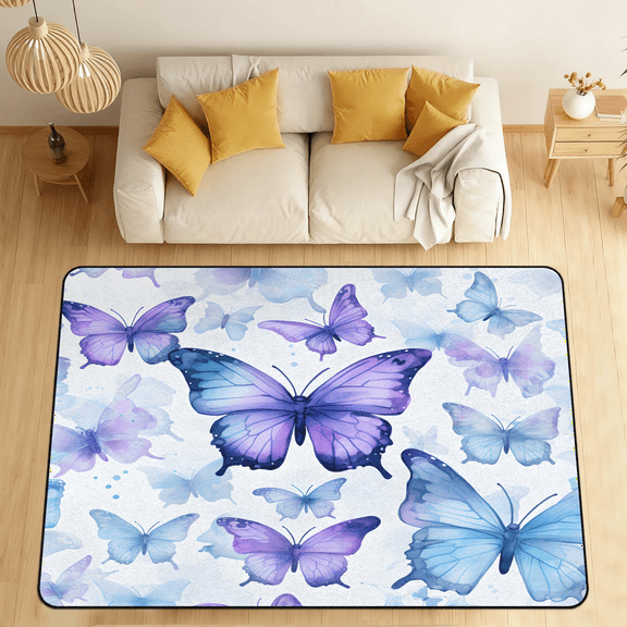 CURLYOOT Blue Purple Butterflies Area Rugs 5'x7' Washable Rug Large Living Room Rug Non Slip Indoor Floor Carpet for Dining Room Bedroom Home