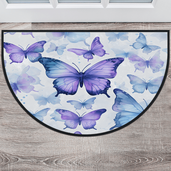 CURLYOOT Blue Purple Butterflies Half Round Door Mat 24'' x 36'', Indoor Outdoor Entrance Rug, Semi Circular Area Rug, Non Slip Washable Absorbent Doormat, Laundry Room Rug