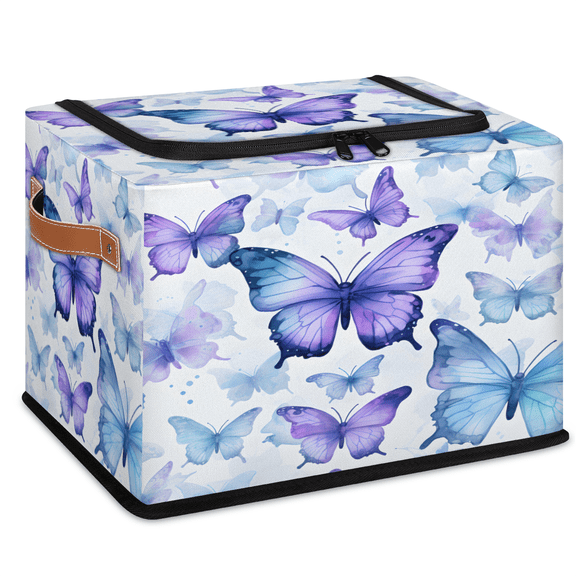 CURLYOOT Blue Purple Butterflies Storage Bin with Zipper Lid, Foldable Clothes Organizer Lidded Storage Baskets, Rectangular Box Closet Shelf Organizer for Living Room Bedroom Home