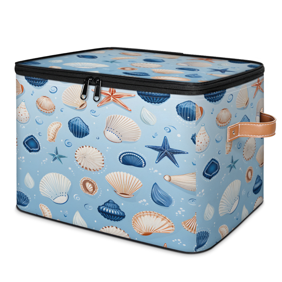 CURLYOOT Blue Shells Starfish Fabric Storage Bins with Lids, Foldable Storage Boxes Washable Storage Cube, Closet Bedroom Home Organizer Containers with PU Leather Handles