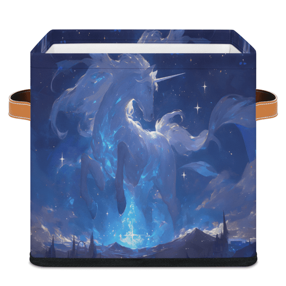 CURLYOOT Blue Unicorn Cube Storage Bin, 11 Inch Storage Cube Fabric Bin for Shelves, Foldable Clothes Organizer Baskets with Leather Handle for Closet Home