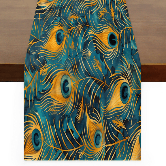 CURLYOOT Bohemian Peacock Feather Linen Table Runner 60 Inches Long Kitchen Dining Table Farmhouse Decoration for Home Party Decor 13x60 Inch