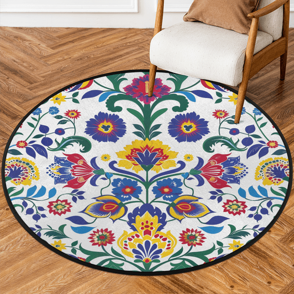 CURLYOOT Boho Bohemian Farmhouse 5.2ft Round Rug for Living Room, Large Washable Area Rug, Non Slip Floor Mat Floral Indoor Rugs for Bedroom, Dining Room, Offices, Entryway