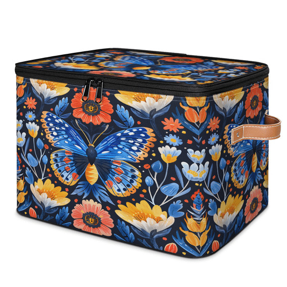 CURLYOOT Boho Butterfly Flower Storage Bins with Zipper Lid Fabric Storage Baskets Boxes Washable Foldable Clothes Organizer Container with Leather Handles for Shelves Closet