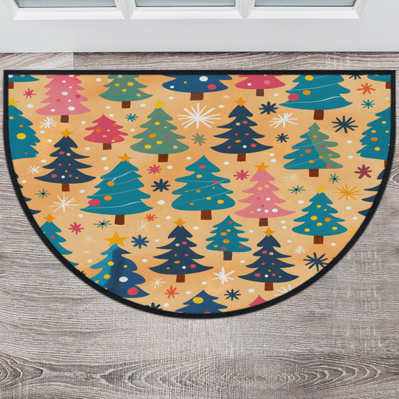 CURLYOOT Boho Christmas Half Round Door Mat, Indoor Outdoor Entrance Rug, Colorful Tree Semi Circular Area Rug, Non Slip Washable Absorbent Doormat, Laundry Room Rug 24'' x 36''