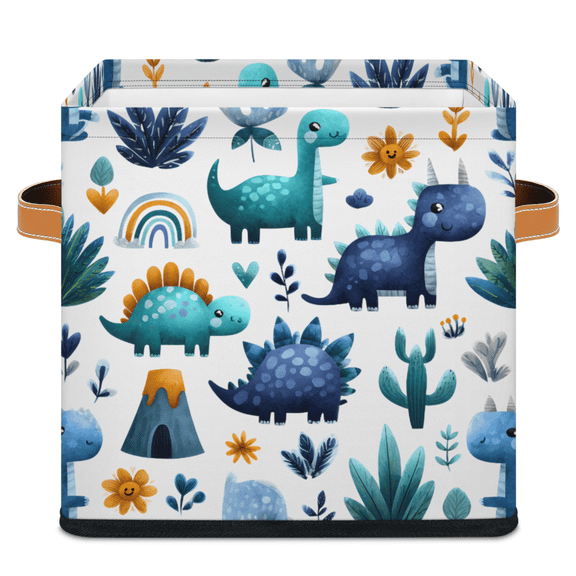 CURLYOOT Boho Dinosuar Cube Storage Bin, 11 Inch Storage Cube Fabric Bin for Shelves, Tropical Foldable Clothes Organizer Baskets with Leather Handle for Closet Home