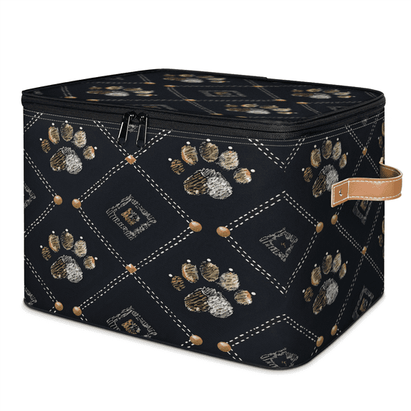 CURLYOOT Boho Dog Paw Print Fabric Storage Bins with Lids, Foldable Storage Boxes Washable Storage Cube, Closet Bedroom Home Organizer Containers with PU Leather Handles