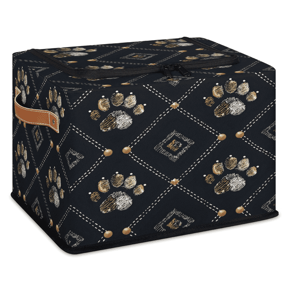 CURLYOOT Boho Dog Paw Print Storage Bin With Zipper Lid, Foldable Clothes Organizer Lidded Storage Baskets, Rectangular Box Closet Shelf Organizer for Bedroom Living Room