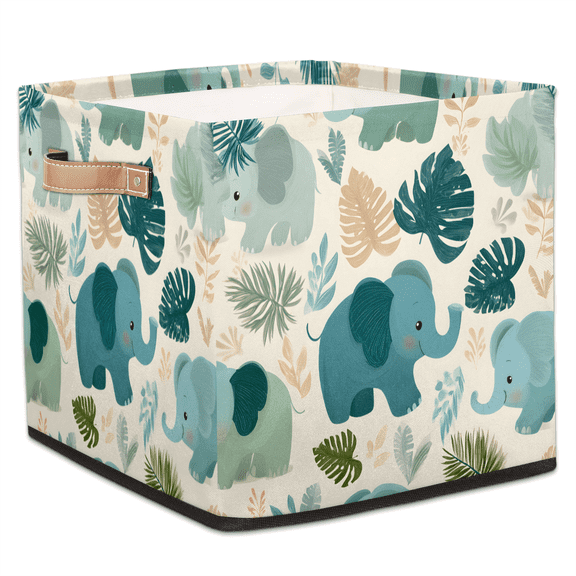 CURLYOOT Boho Elephants Animal Cube Storage Bin, 13 x 13 x 13 Storage Cube Bins for Organizing, Fabric Foldable Closet Baskets with Handles for Closet, Shelves, Clothes