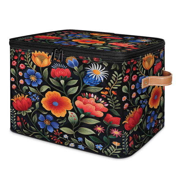 CURLYOOT Boho Floral Fabric Storage Bins with Lids, Colorful Abstract Flower Leaf Foldable Storage Boxes Washable Storage Cube, Closet Bedroom Home Organizer Containers with Handles