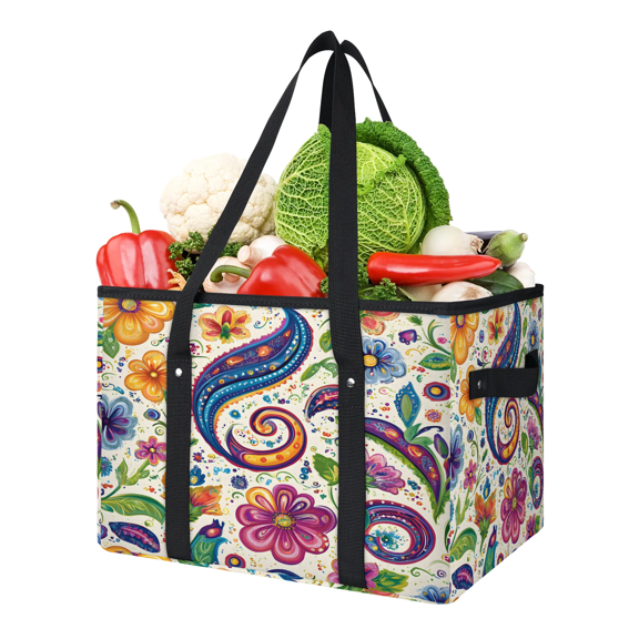 CURLYOOT Boho Floral Reusable Grocery Bag, Large Foldable Grocery Totes Shopping Bag for Groceries, Paisley Shopping Bags with Handles for Kitchen Trunk Picnic