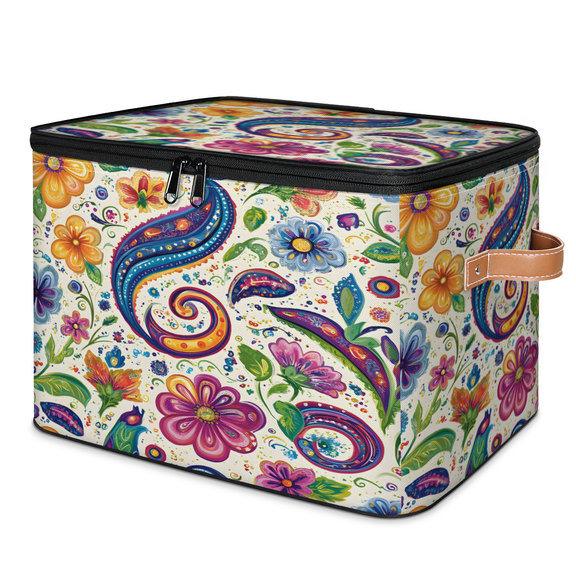 CURLYOOT Boho Floral Storage Bins with Zipper Lid Fabric Storage Baskets Boxes Paisley Washable Foldable Clothes Organizer Container with Leather Handles for Shelves Closet