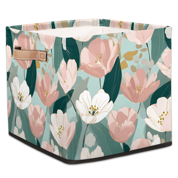 CURLYOOT Boho Flower Pink Cube Storage Bin, 13 x 13 x 13 Storage Cube Bins for Organizing, Fabric Foldable Baskets with Handles for Closet, Shelves, Clothes