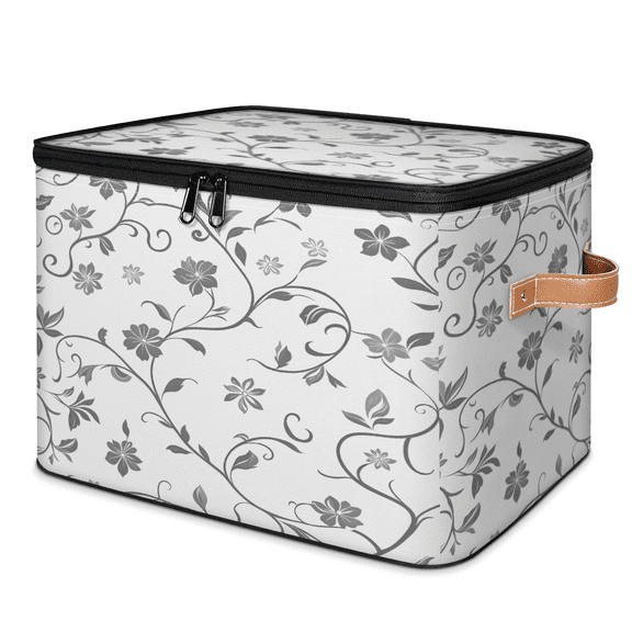 CURLYOOT Boho Flower Storage Bins with Lid, Decorative Fabric Closet Boxes with Lids, Grey Floral Foldable Storage Baskets Shelves Container Organizers for Bedroom, Living Room, Dorm