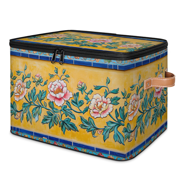 CURLYOOT Boho Flower Storage Bins with Zipper Lid Fabric Storage Baskets Boxes Ethnic Retro Washable Foldable Clothes Organizer Container with Leather Handles for Shelves Closet