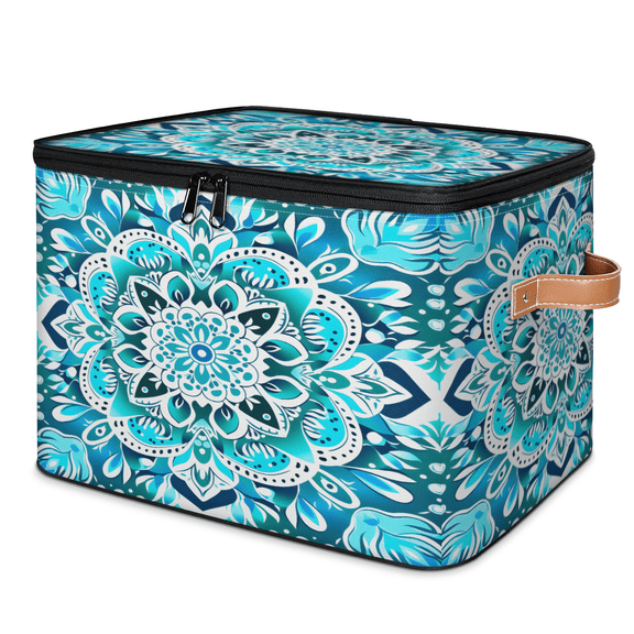 CURLYOOT Boho Flower Storage Bins with Zipper Lid Fabric Storage Baskets Boxes Turquoise Mandala Washable Foldable Clothes Organizer Container with Leather Handles for Shelves Closet