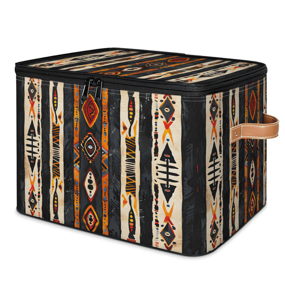 CURLYOOT Boho Geometric Fabric Storage Bins with Lids, Western Aztec Foldable Storage Boxes Washable Storage Cube, Closet Bedroom Home Organizer Containers with PU Leather Handles