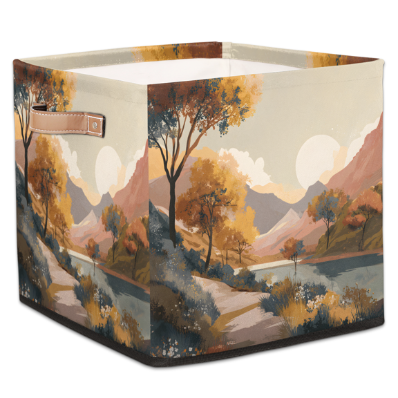 CURLYOOT Boho Landscape Lake Cube Storage Bin, 13 x 13 x 13 Storage Cube Bins for Organizing, Fabric Foldable Closet Baskets with Handles for Closet, Shelves, Clothes