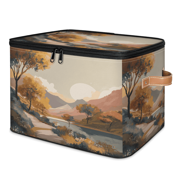 CURLYOOT Boho Landscape Lake Storage Bins with Lid, Decorative Fabric Closet Boxes with Lids, Foldable Storage Baskets Shelves Container Organizers for Bedroom, Living Room, Dorm