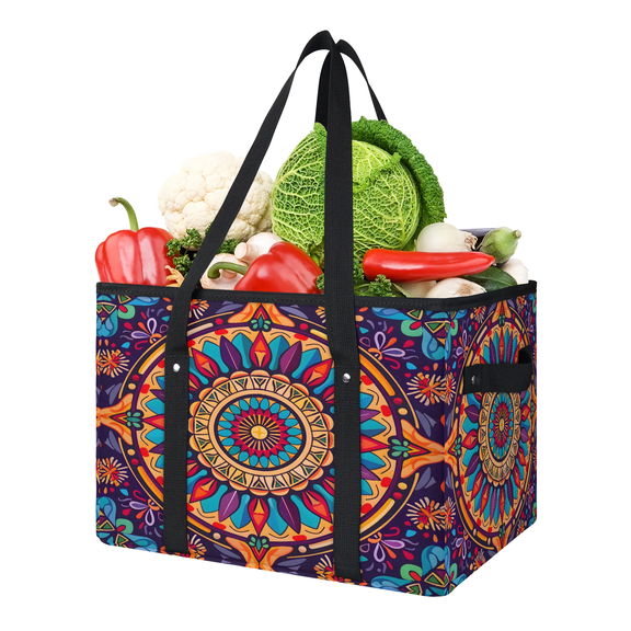 CURLYOOT Boho Mandala Flowers Reusable Grocery Bag, Large Foldable Grocery Totes Shopping Bag for Groceries, Shopping Bags with Handles for Kitchen Trunk Picnic