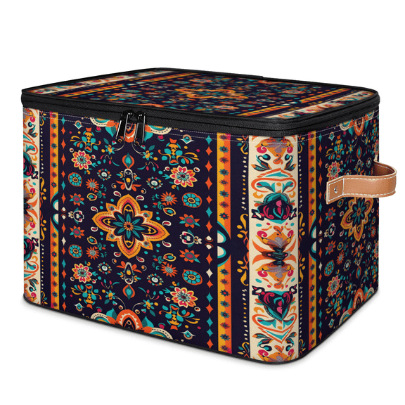 CURLYOOT Boho Mexican Flower Fabric Storage Bins with Lids, Floral Foldable Storage Boxes Washable Storage Cube, Closet Bedroom Home Organizer Containers with PU Leather Handles