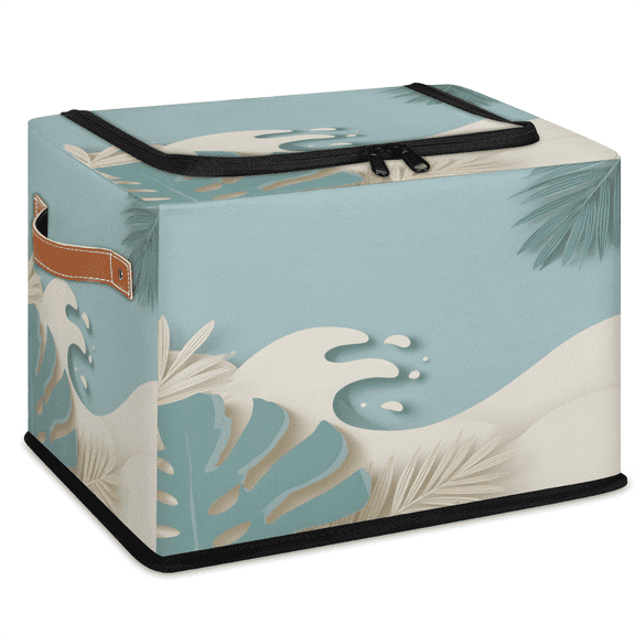 CURLYOOT Boho Ocean Sea Palm Leaf Storage Bin with Zipper Lid, Fabric Storage Basket with Handles, Decorative Foldable Storages Box Clothes Organizer for Closet, Shelf