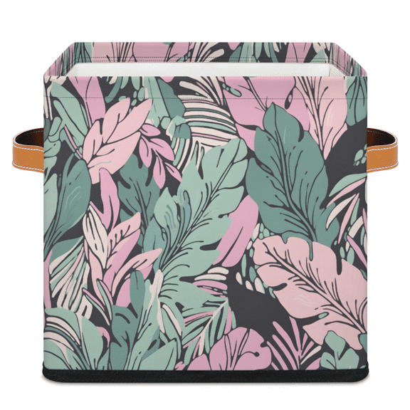 CURLYOOT Boho Palm Leaf Plant 11 x 11 Inch Cube Storage Bin, Decorative Storage Cube Foldable Basket with Leather Handle, Fabric Bin for Closet Shelves Home Organizer