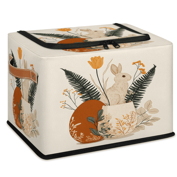 CURLYOOT Boho Plant Easter Rabbit Storage Bin with Zipper Lid, Fabric Storage Basket with Handles, Decorative Foldable Storages Box Clothes Organizer for Closet, Shelf
