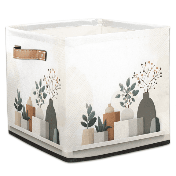 CURLYOOT Boho Potted Plants Cube Storage Bin, 13 x 13 x 13 Storage Cube Bins for Organizing, Fabric Foldable Baskets with Handles for Closet, Shelves, Clothes