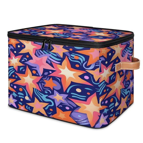 CURLYOOT Boho Stars Storage Bins with Zipper Lid Fabric Storage Baskets Boxes Abstract Geometric Washable Foldable Clothes Organizer Container with Leather Handles for Shelves Closet