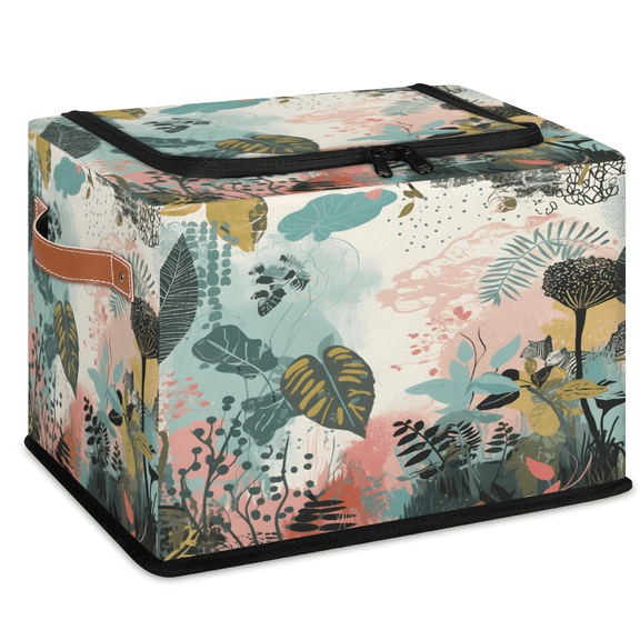 CURLYOOT Boho Tropical Plant Leaf Storage Bin with Zipper Lid, Foldable Clothes Organizer Lidded Storage Baskets, Rectangular Box Closet Shelf Organizer for Living Room Bedroom Home