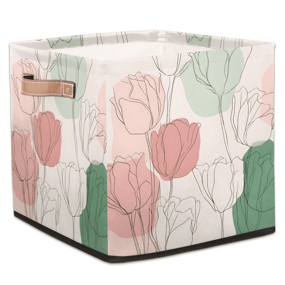 CURLYOOT Boho Tulip Flower Cube Storage Bin, 13 x 13 x 13 Storage Cube Bins for Organizing, Fabric Foldable Baskets with Handles for Closet, Shelves, Clothes