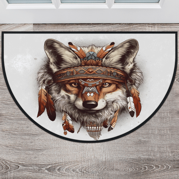 CURLYOOT Boho Wolf Half Round Door Mat 24'' x 36'', Indoor Outdoor Entrance Rug, Semi Circular Area Rug, Non Slip Washable Absorbent Doormat, Laundry Room Rug