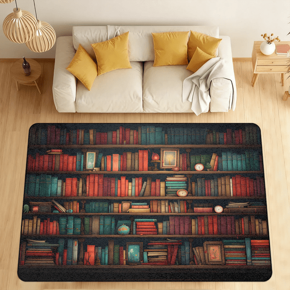 CURLYOOT Books Old Library Area Rugs 5'x7' Washable Rug Large Living Room Rug Non Slip Indoor Floor Carpet for Dining Room Bedroom Home