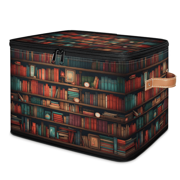 CURLYOOT Books Old Library Fabric Storage Bins with Lids, Foldable Storage Boxes Washable Storage Cube, Closet Bedroom Home Organizer Containers with PU Leather Handles