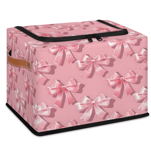 CURLYOOT Bow Storage Bin with Zipper Lid Foldable Storage Basket Box Pink Bowknot Clothes Organizer Container for Closet, Shelf, Bedroom, Home Decor