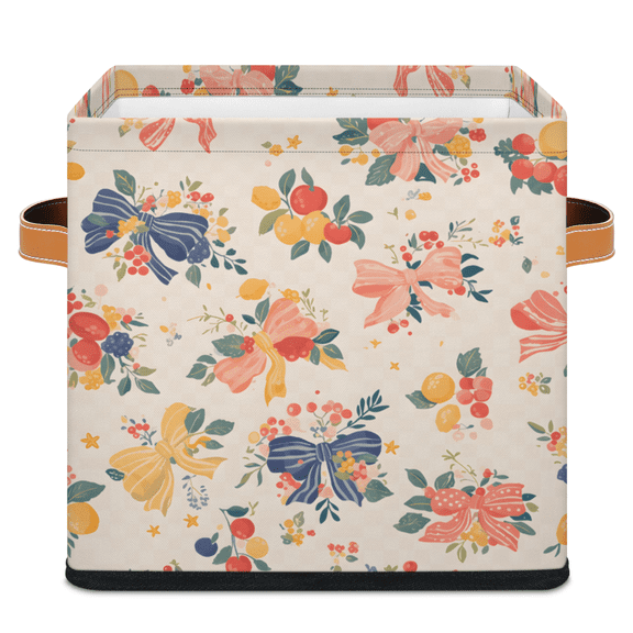 CURLYOOT Bowknot Retro Wildflower Cube Storage Bin, 11 Inch Storage Cube Fabric Bin for Shelves, Foldable Clothes Organizer Baskets with Leather Handle for Closet Home