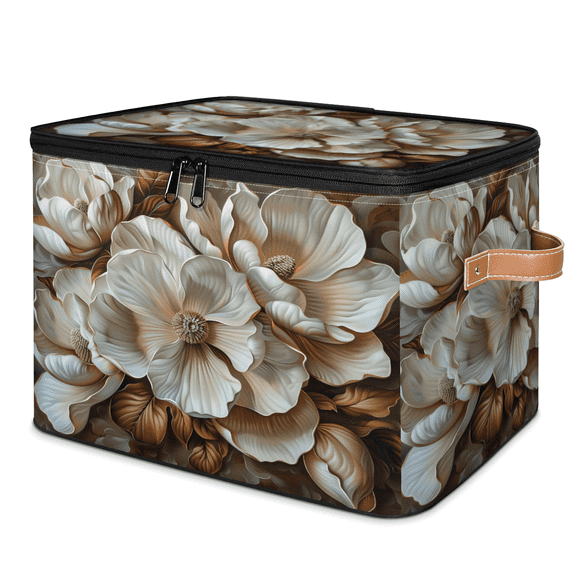 CURLYOOT Brown Magnolia Flowers Elegance Storage Bins with Lid, Decorative Fabric Storage Boxes, Foldable Closet Shelf Organizer Baskets for Bedroom, Living Room, Home
