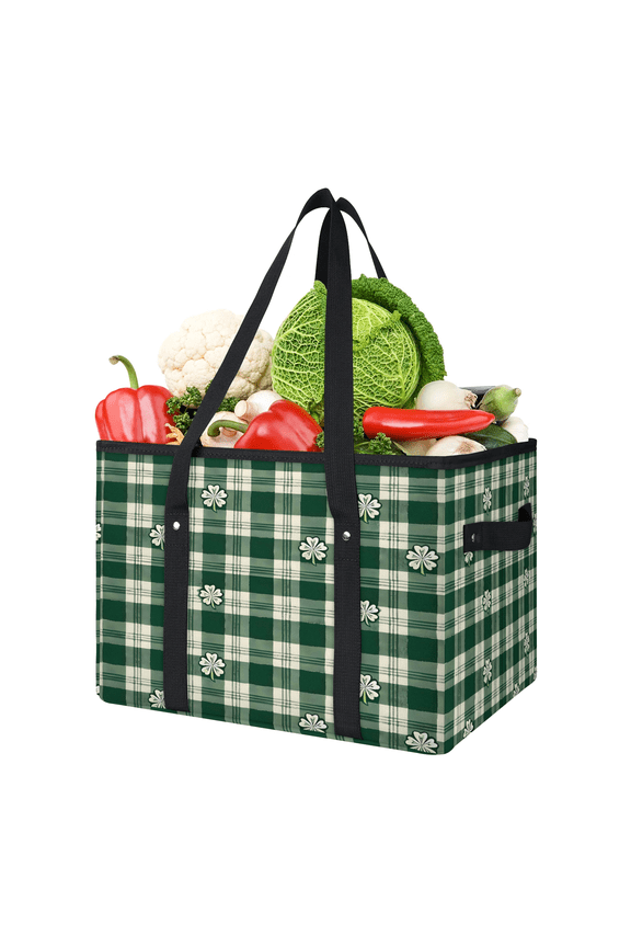 Buffalo Plaid Reusable Grocery Bag, Large Foldable Grocery Totes Shopping Bag for Groceries, Green Floral Shopping Bags with Handles for Kitchen Trunk Picnic