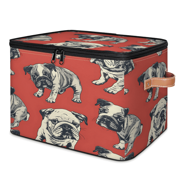 CURLYOOT Bulldog Fabric Storage Bins with Lids, Foldable Storage Boxes Washable Storage Cube, Closet Bedroom Home Organizer Containers with PU Leather Handles